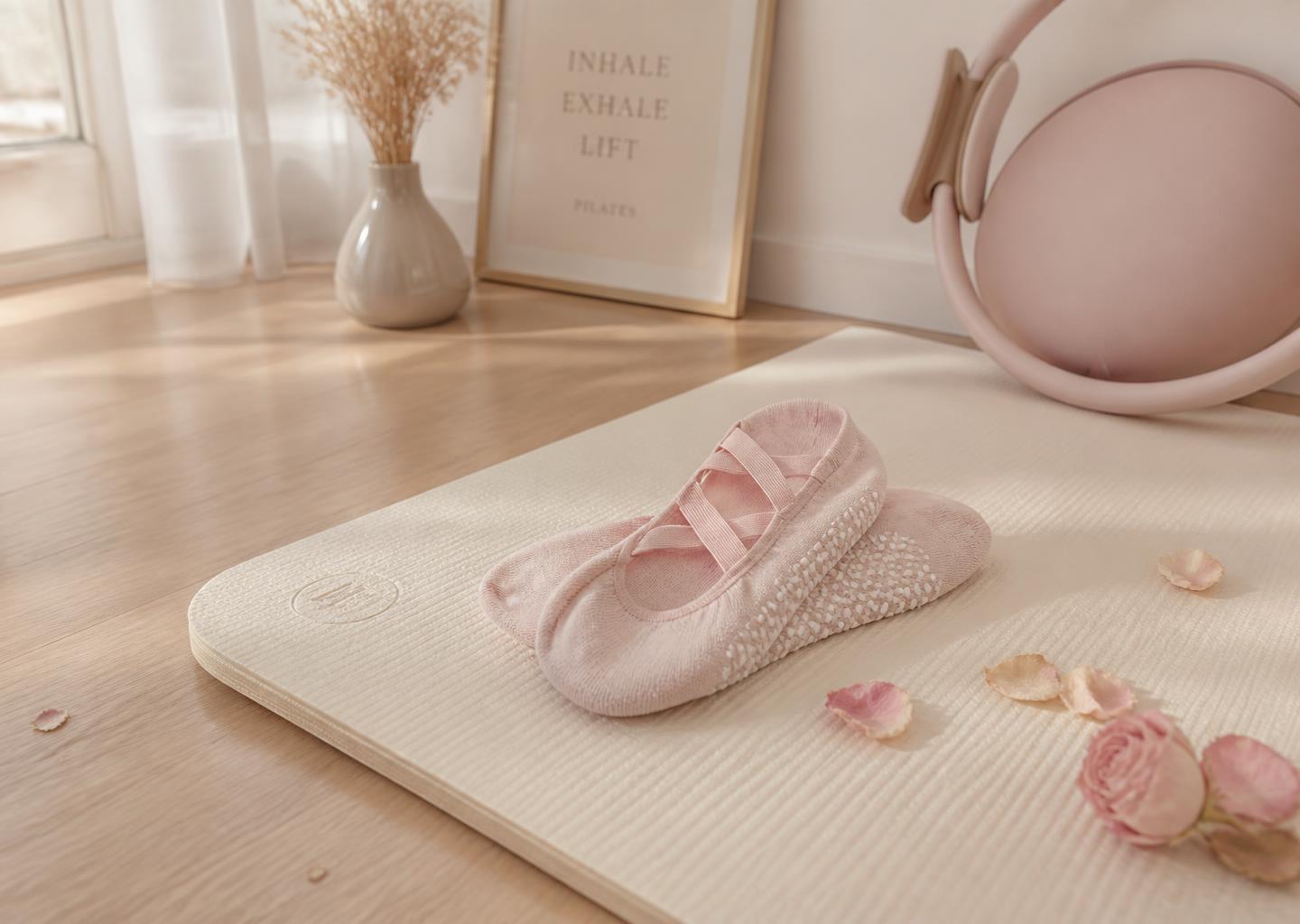 Pale pink Pilates grip socks resting on an ivory yoga mat in a sunlit studio