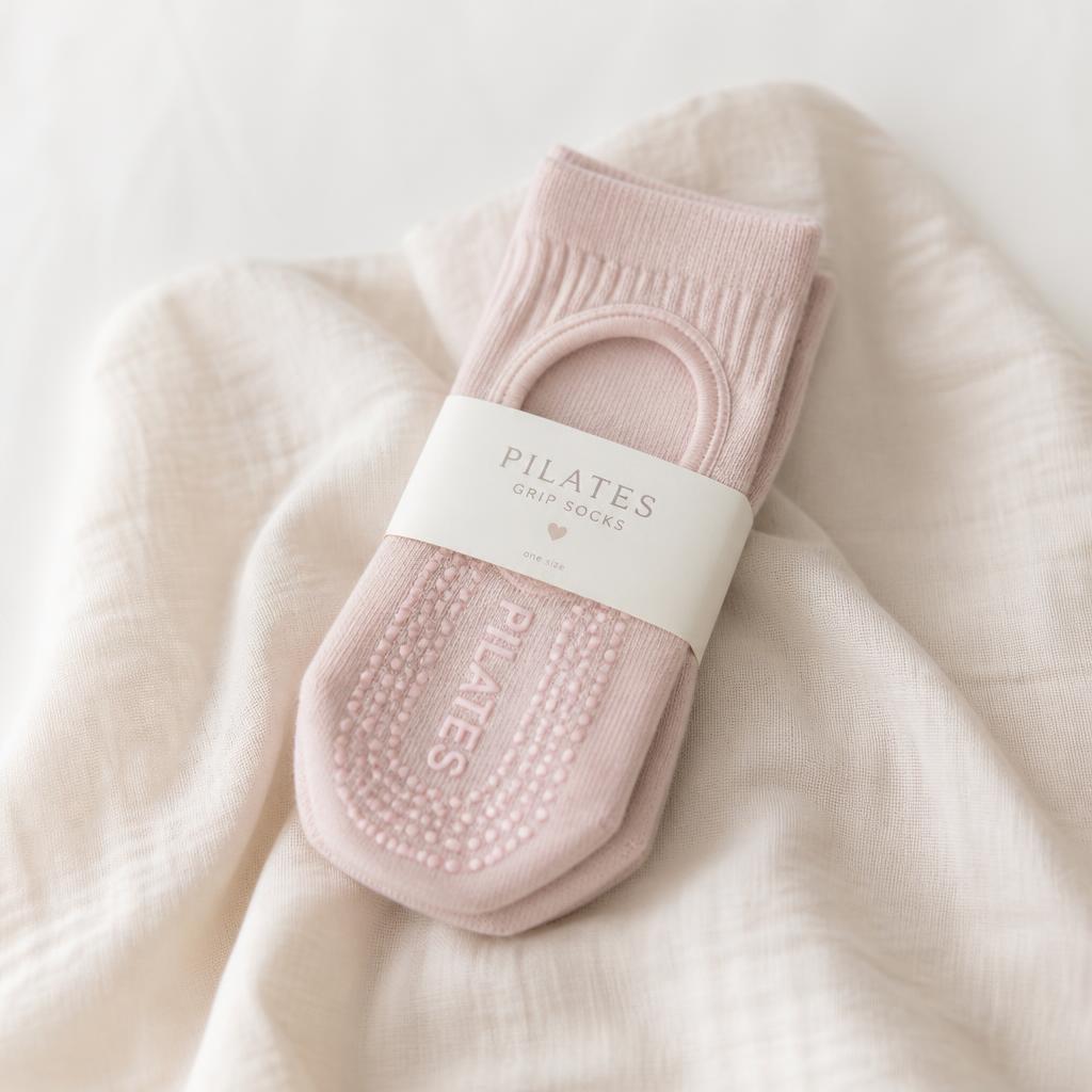 Pair of blush pink grip socks folded on cream linen